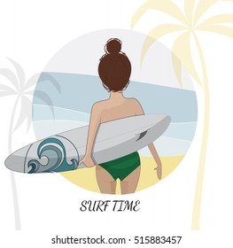 Surfboarding vector characters. Attractive girl surfer illustration. Summer sport idea. Vintage poster. Retro banner with surfing girl in a good shape. Template for surf school, shop, equipment