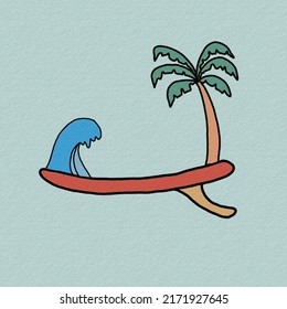 Surfboard,palm tree and wave symbol,surf life