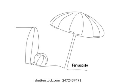 Surfboards, balls and beach umbrellas. Ferragosto concept one-line drawing