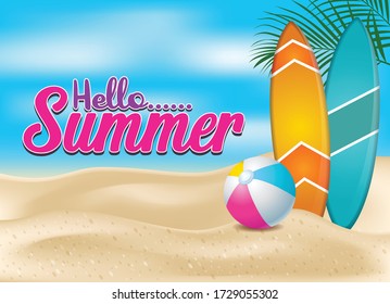 surfboards and balls on the beach in a summer, a creative concept for a summer celebration banner. realistic vector design style. vector illustration
