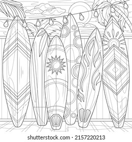 Surfboards by the fence.Coloring book antistress for children and adults. Illustration isolated on white background.Zen-tangle style. Hand draw