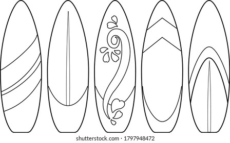 Surfboards collection. Vector black and white coloring page.