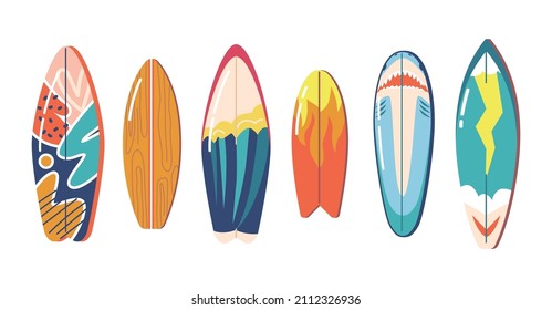 Surfboards Collection of Vintage Colors and Styles. Surfdesks with Fire, Sea Wave, Shark, Flash and Abstract Pattern Isolated on White Background, Professional Shortboards. Cartoon Vector Illustration