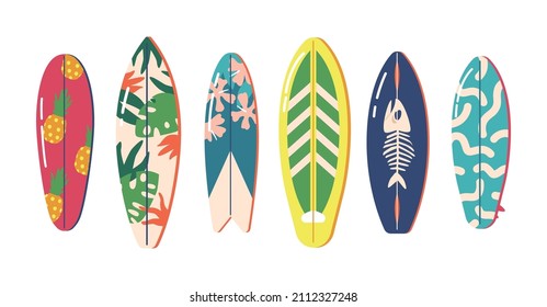 Surfboards Collection of Vintage Colors and Styles. Surfdesks Pattern of Palm Leaves, Flowers, Fish Bones and Pineapples Isolated on White Background, Professional Boards. Cartoon Vector Illustration