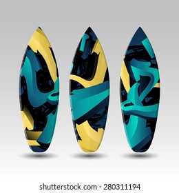 Surfboards Design Template with Abstract Graffiti Pattern