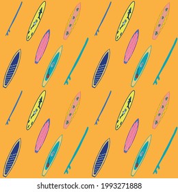 Surfboards in diagonal seamless repeat pattern on yellow background. Designed in seamless repeat pattern. Ready to be printed on fabric, wallpaper, or bedding products.