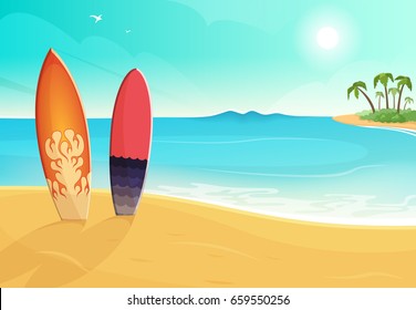 Surfboards in different colors. Sea and sand beach. Vector summer background illustration