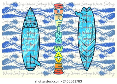 Surfboards with different designs with gradient typography. Vector illustration. Light yellow and white background
