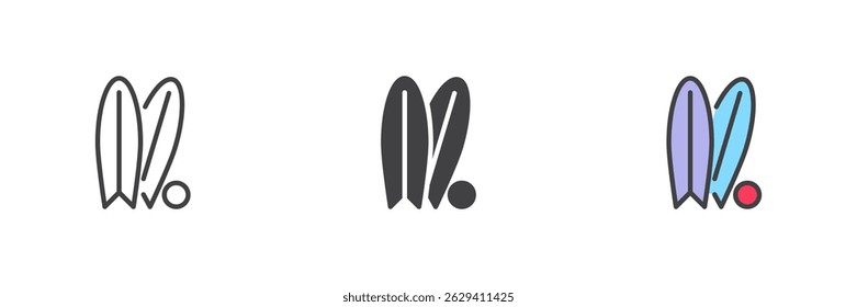 Surfboards conjunto de ícone de estilo diferente. Linha, glifo e preenchido esboço versão colorida, contorno e sinal de vetor preenchido. Símbolo de surf e esportes aquáticos, ilustração do logotipo. Gráficos vetoriais