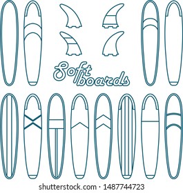 Surfboards and fins vector icon set. Longboards flat outline illustration