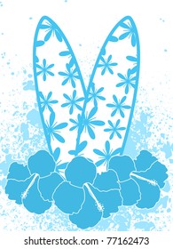 Surfboards and hibiscus flowers on a grunge background
