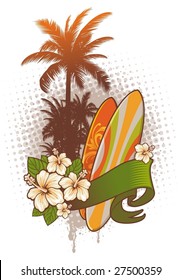 Surfboards, hibiscus and palm trees