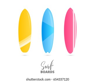 Surfboards isolated. Colorful surfing equipment with trendy patterns and lettering