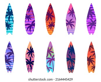 Surfboards isolated on a white background. Set of surfboards with a pattern of palm trees. Types of surfboards with pattern design for printing, drawing on the board. Vector illustration