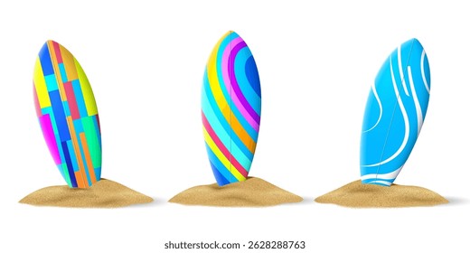 surfboards mounted on the sand pile.realistic modern pattern surfing boards design isolated on the white background.summer vacation beach sport object clip art vector illustration.