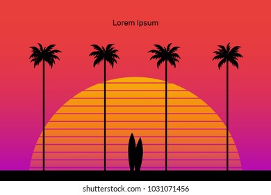 Surfboards Next To Straight Palm Trees, Vetkor Illustration, Flat Silhouette, Retro Concept, Billboard, Banner, Summer, Vacation, Vacation. Black, Blue, Violet, Red, Yellow, Orange