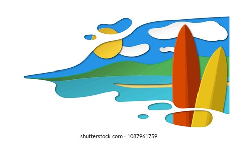 Surfboards on the background of the sunny sea landscape. Paperwork summer illustration 