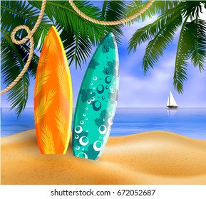 surfboards on a beach against a sunny seascape