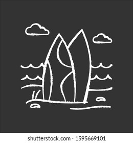 Surfboards on the beach chalk icon. Surf sea waves. Vacation trip to Indonesia. Ocean surfing activity. Tropical island sea coast. Water sport equipment. Isolated vector chalkboard illustration