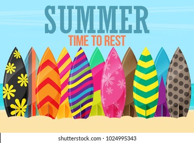 Surfboards on the Beach. Flat Design Style.