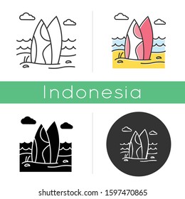 Surfboards on the beach icon. Surf sea waves. Vacation trip to Indonesia. Ocean surfing activity. Water sport equipment. Linear, black, chalk and color styles. Isolated vector illustrations