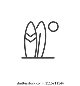 Surfboards on the beach outline icon. linear style sign for mobile concept and web design. Surf and sun simple line vector icon. Symbol, logo illustration. Pixel perfect vector graphics