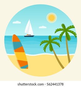 Surfboards on a beach. Palm tree and blue sea. Vector flat illustration