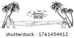 Surfboards on the beach with palm trees, vector illustration. Panoramic sea landscape in sketchy style. Hand drawn coast banner.