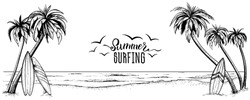 Surfboards On The Beach With Palm Trees, Vector Illustration. Panoramic Sea Landscape In Sketchy Style. Hand Drawn Coast Banner.