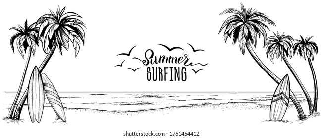 Surfboards on the beach with palm trees, vector illustration. Panoramic sea landscape in sketchy style. Hand drawn coast banner.