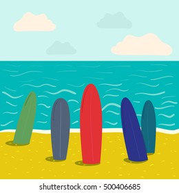 surfboards on a beach  seascape. awaiting fun