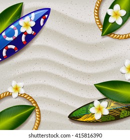 surfboards on the beach with summer tropical green leaves. surfboard with color pattern. creative graphic poster for your design. summer party 