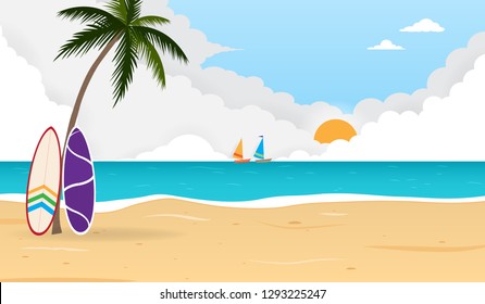 Surfboards on beach with sunrise background vector illustration 