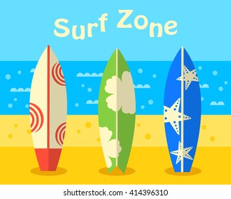 Surfboards on the beach, surf zone vector illustration