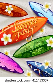 surfboards on the beach. surfboard with color pattern. creative graphic poster for your design. summer party