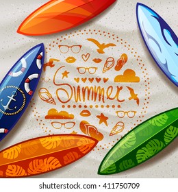 surfboards on the beach. surfboard with color pattern. creative graphic poster for your design. summer party