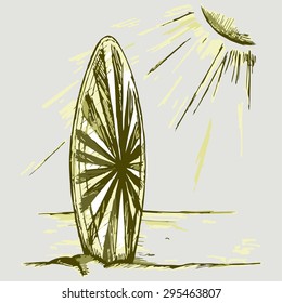 Surfboards on a beach. Vector Image