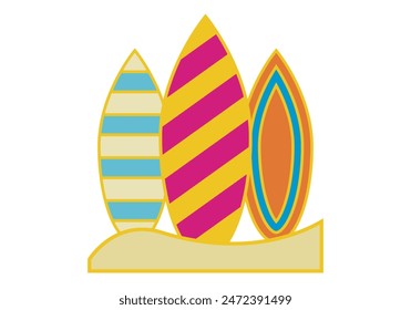 Surfboards on a beach in white background