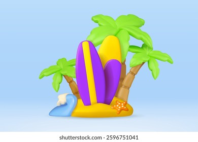 Surfboards on sand vector 3d design composition. Cartoon palm trees, starfish and ocean wave. Surf board tropical summer vacation, sea holiday concept
