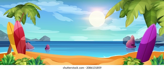 Surfboard en una playa de arena. Actividad de surf de verano, ilustración vectorial de recreación deportiva. Paisaje tropical con palmeras, rocas en el agua y montañas en el horizonte. El pasatiempo marino.