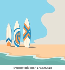 Surfboards a orillas del mar. Ilustración del vector