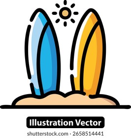 Surfboards em uma praia ensolarada, ilustração vetorial para férias de verão ou viagem