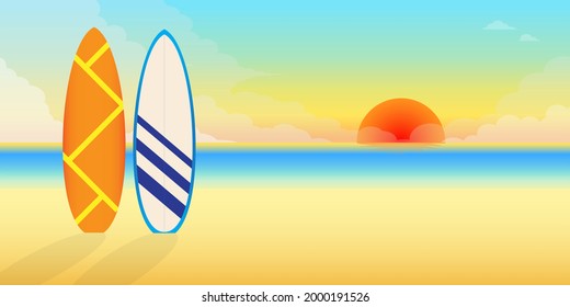 Surfboards on sunset beach background illustration vector