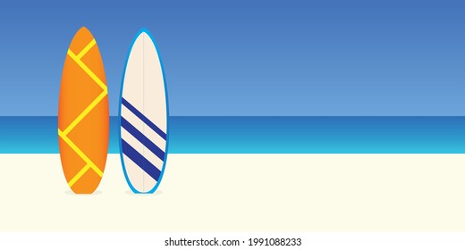 Surfboards on tropical beach background illustration vector