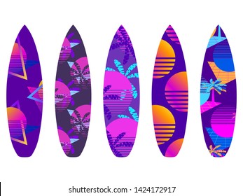 Surfboards on a white background. Types of surfboards with a pattern. Vector illustration