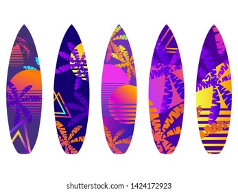 Surfboards on a white background. Types of surfboards with a pattern. Vector illustration
