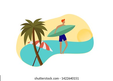 Surfboards and Palm Tree on the Beach. Flat Design Style can use for, landing page, template, ui, web, mobile app, poster, banner