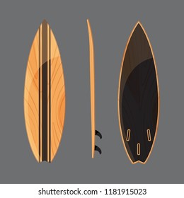 Surfboards position set on grey background. Construction of board in front, left and back side. Boards for wave riders. Isolated vector illustration. 