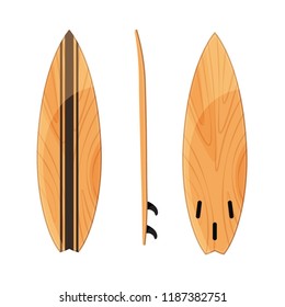 Surfboards position set on white background. Construction of board in front, left and back side. Boards for wave riders. Isolated vector illustration. 