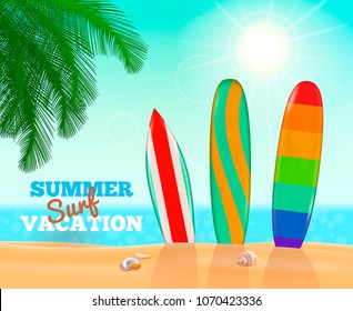 Surfboards realistic composition of surf beach landscape with sand sea clear sky and three colourful paddleboards vector illustration